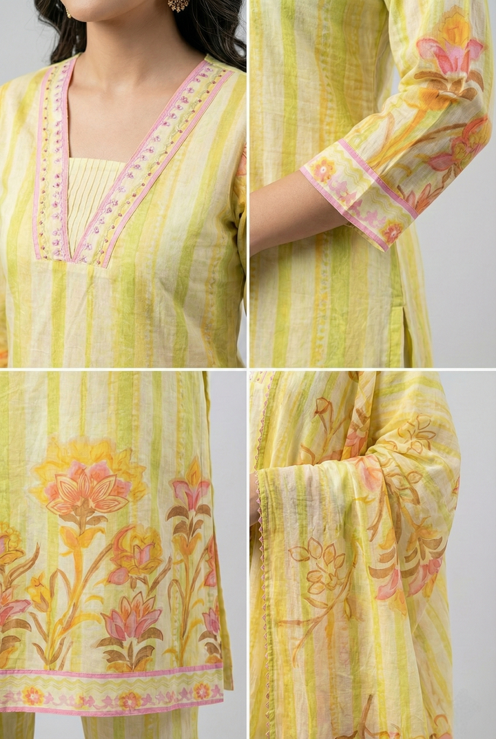 Neerus Green cotton hand embroidered kurta set - detail view 3