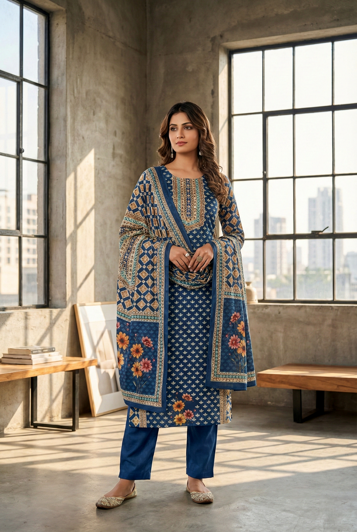 Neerus Blue silk digital printed kurta set - front view