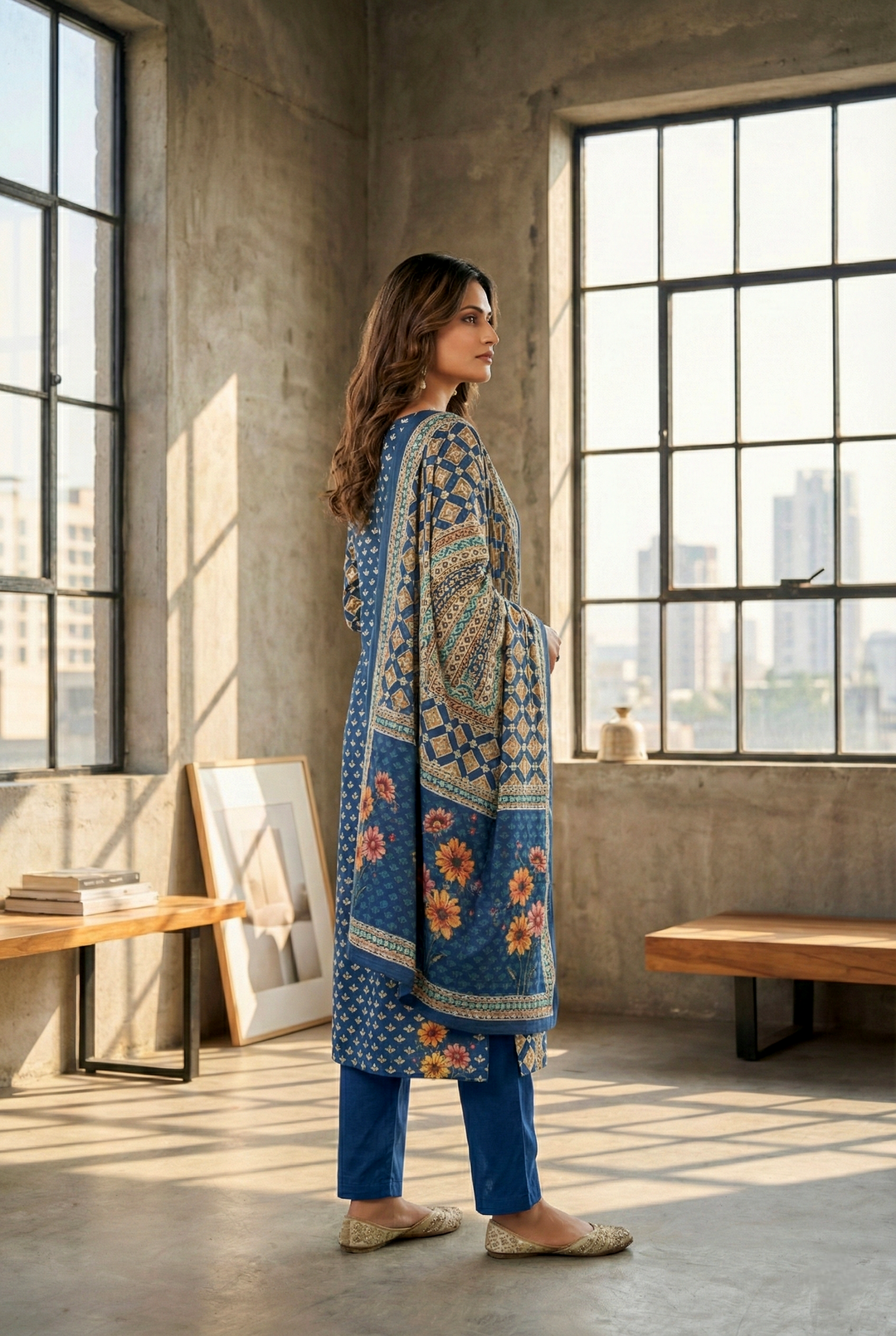 Neerus Blue silk digital printed kurta set - back view