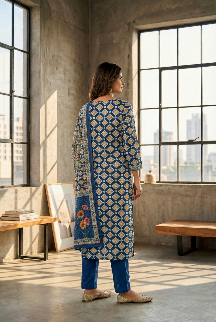 Neerus Blue silk digital printed kurta set - side view
