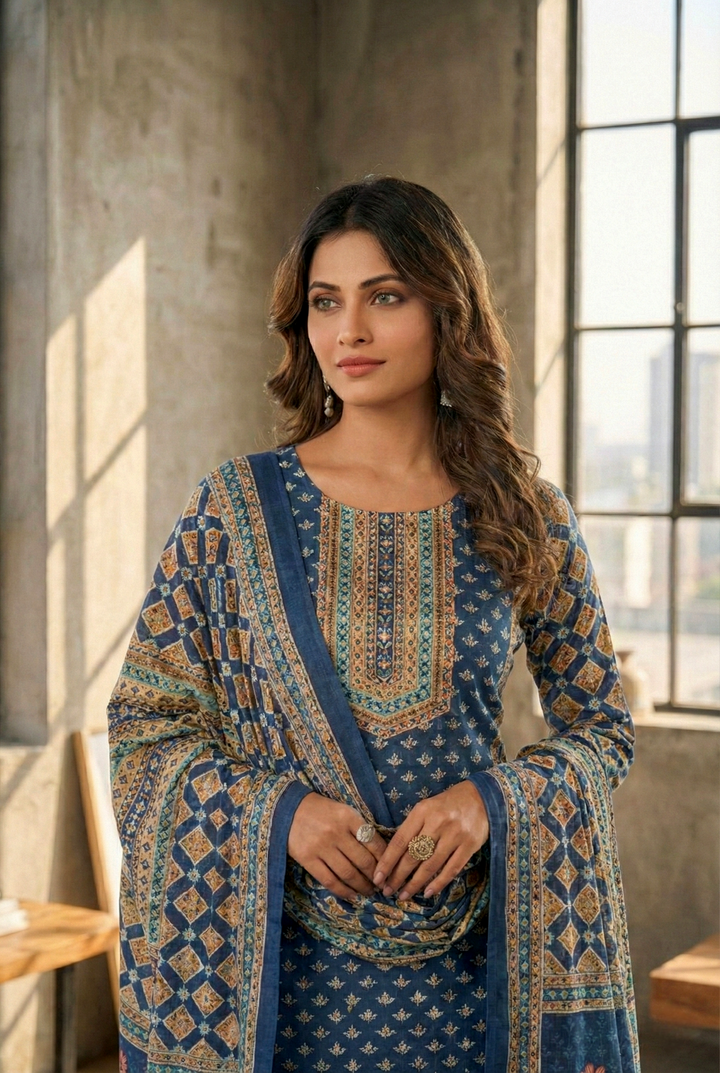 Neerus Blue silk digital printed kurta set - detail view 1