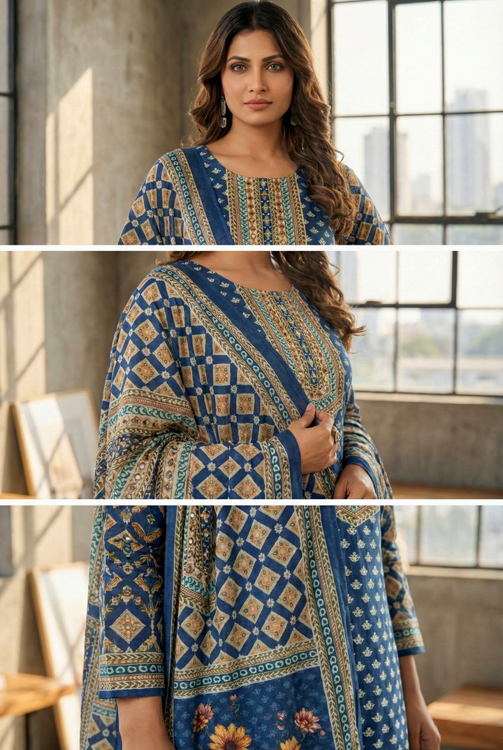 Neerus Blue silk digital printed kurta set - detail view 3