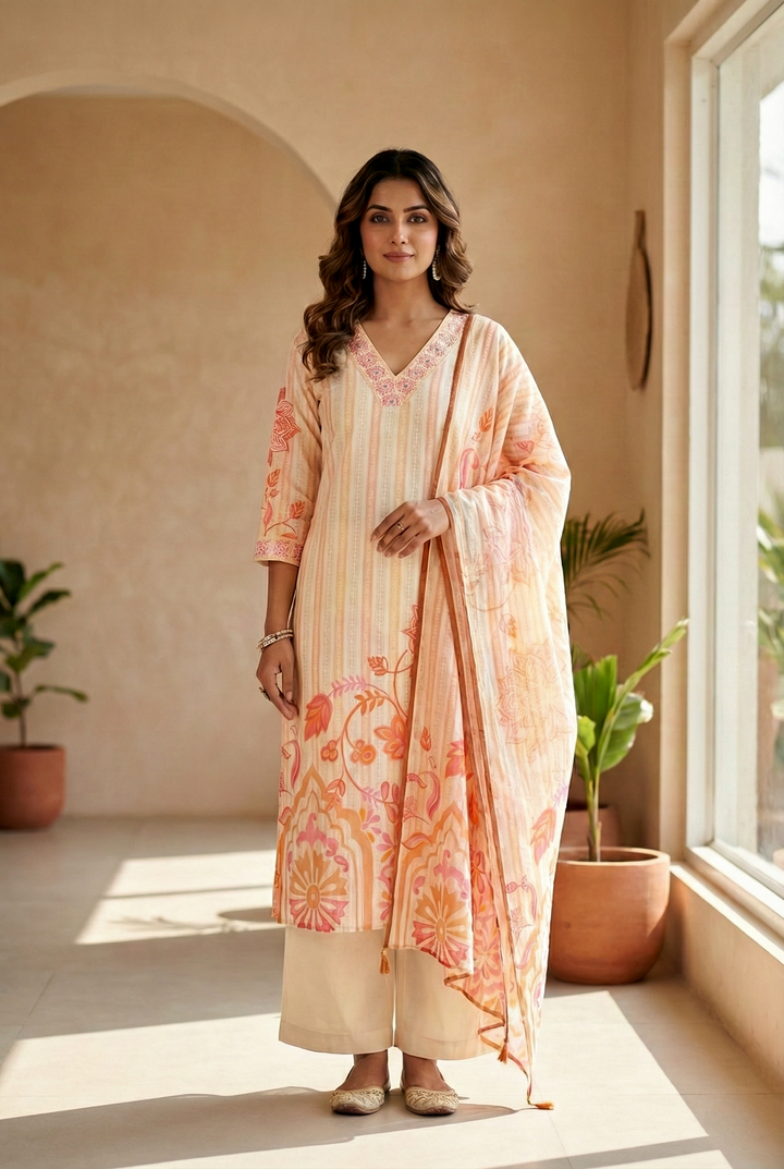 Neerus Orange cotton solid kurta set - front view