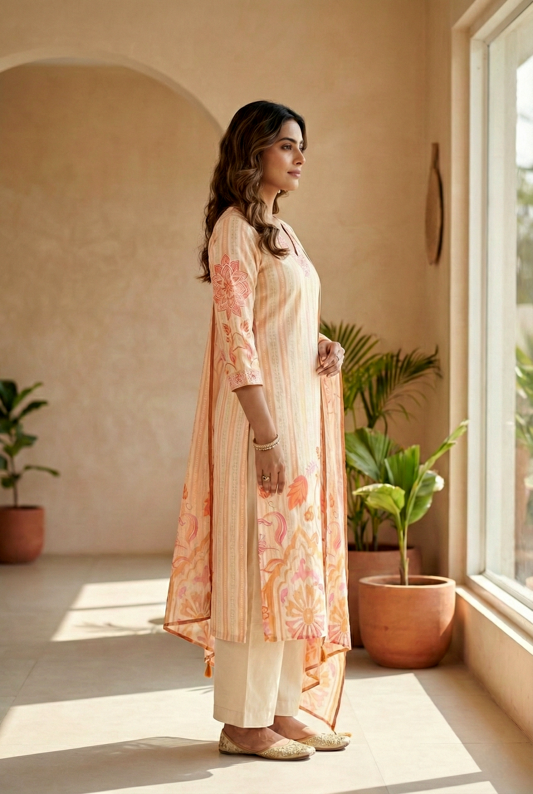 Neerus Orange cotton solid kurta set - back view