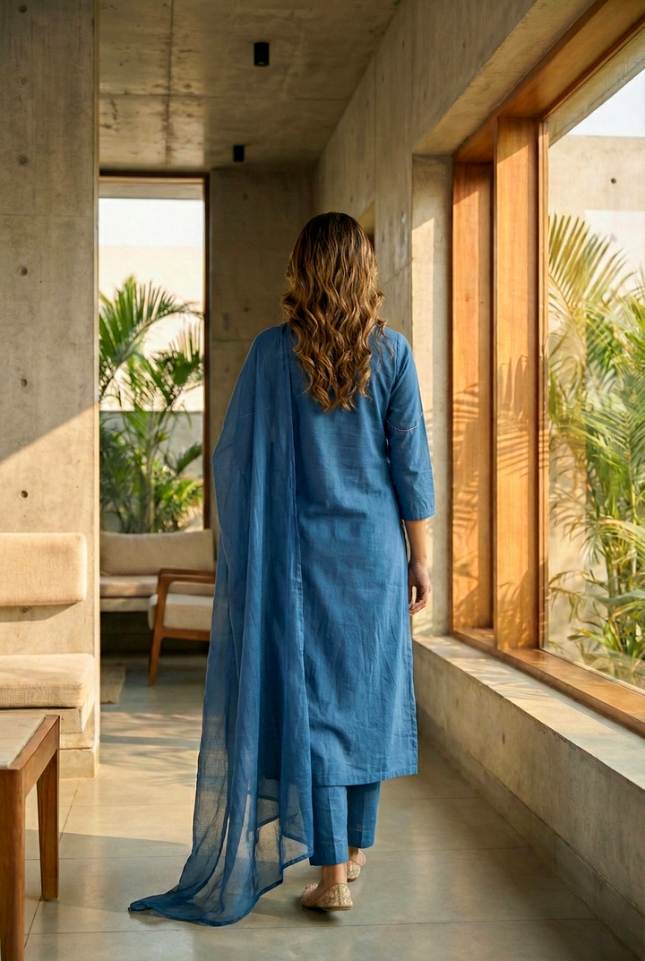 Neerus Green cotton hand embroidered kurta set - back view