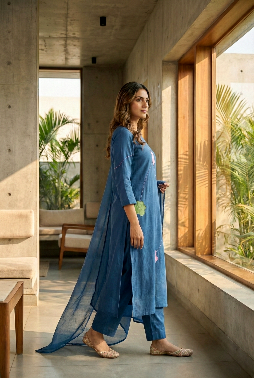 Neerus Green cotton hand embroidered kurta set - side view