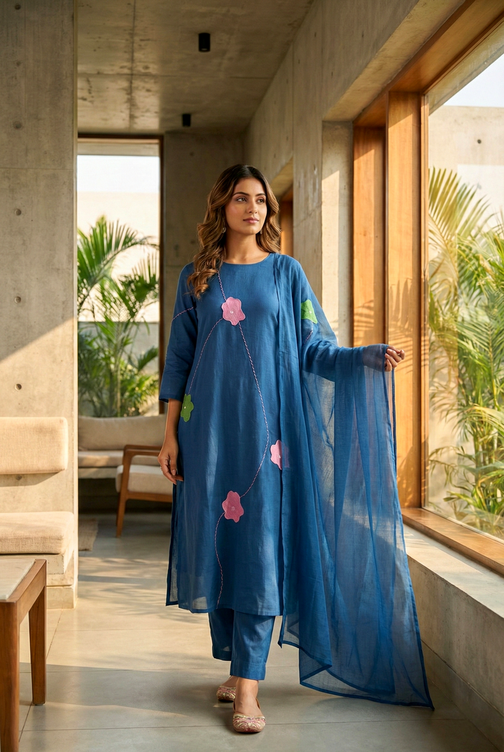 Neerus Green cotton hand embroidered kurta set - front view