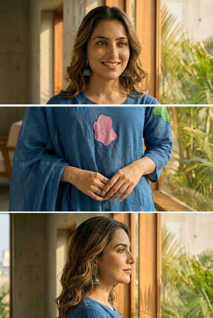 Neerus Green cotton hand embroidered kurta set - detail view 2
