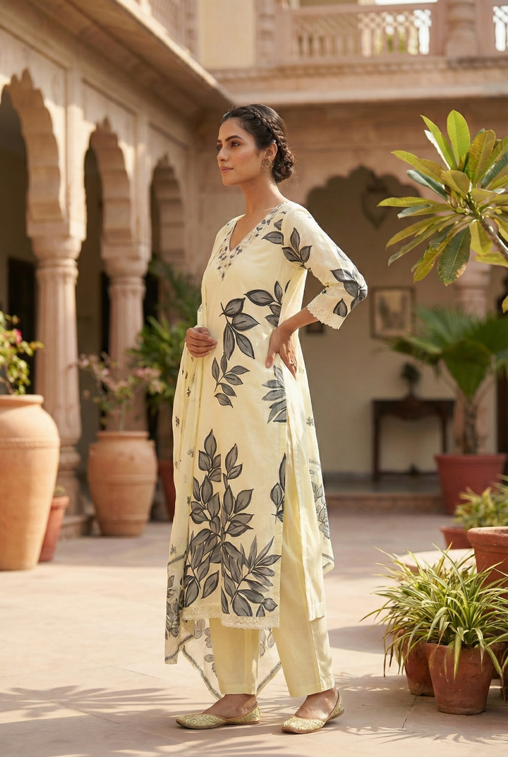 Neerus Grey cotton embellished suit set - back view