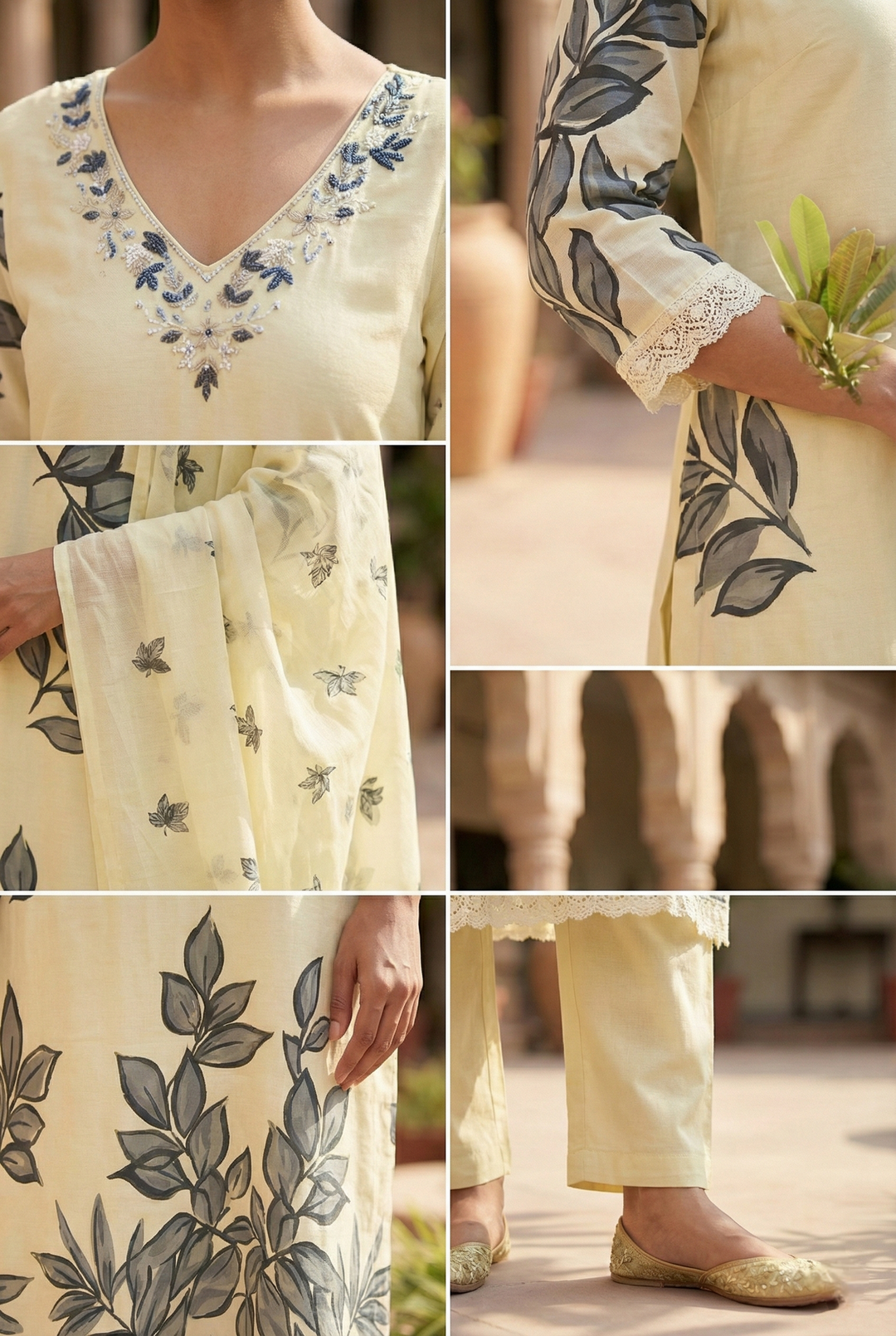Neerus Grey cotton embellished suit set - detail view 2