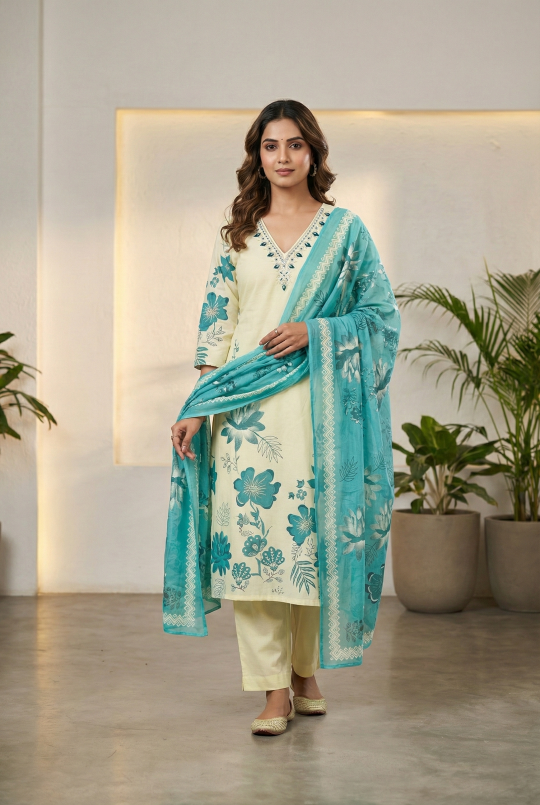 Neerus Green Rayon Thread Embroidered Suit Set - front view