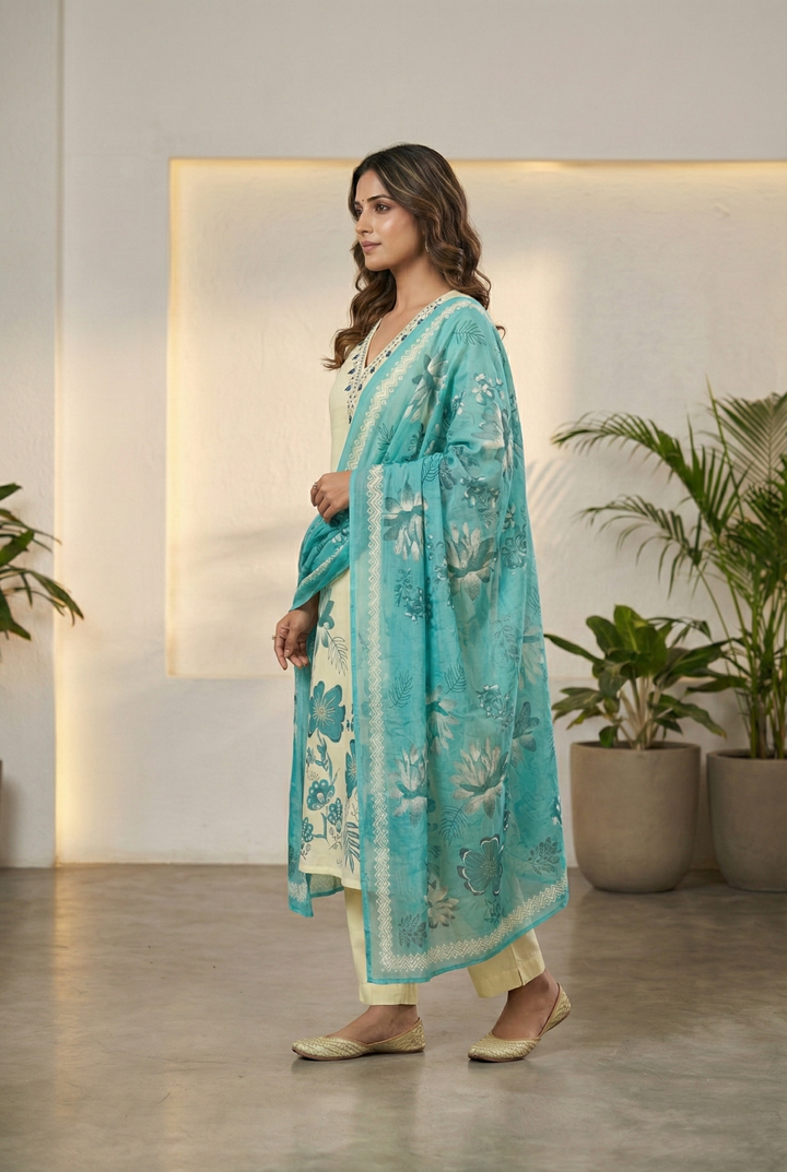 Neerus Green Rayon Thread Embroidered Suit Set - back view