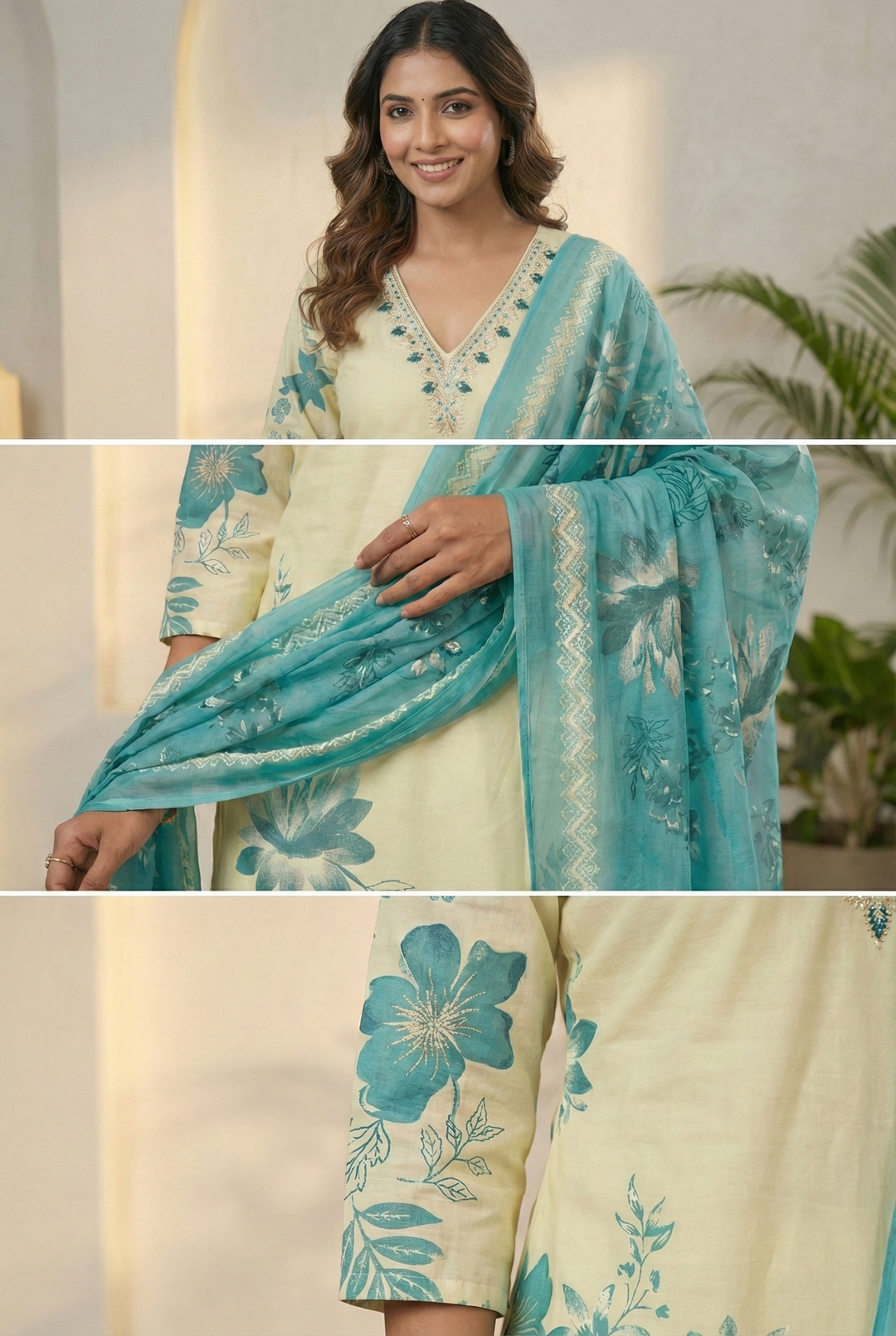 Neerus Green Rayon Thread Embroidered Suit Set - detail view 1