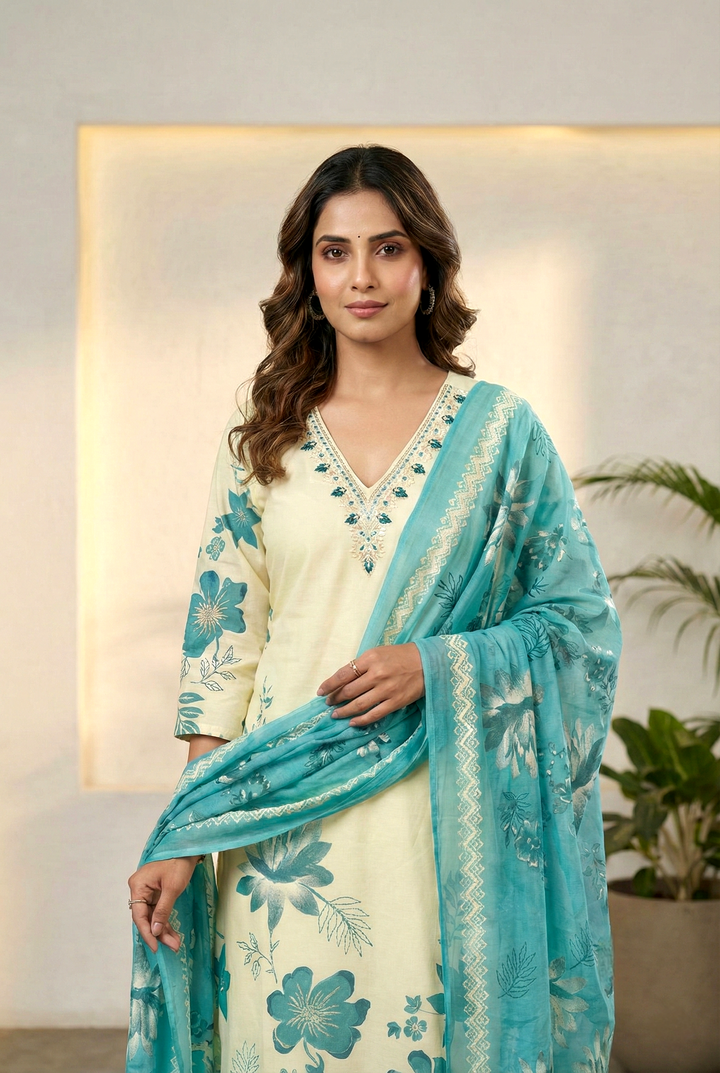Neerus Green Rayon Thread Embroidered Suit Set - detail view 2