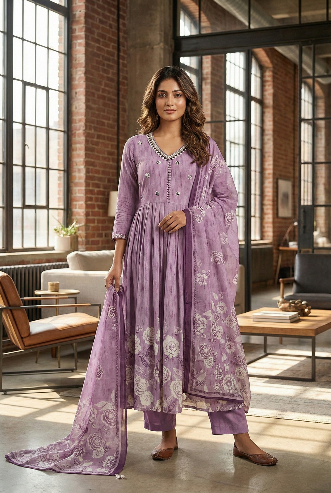 Neerus Purple rayon hand embroidered suit set - front view