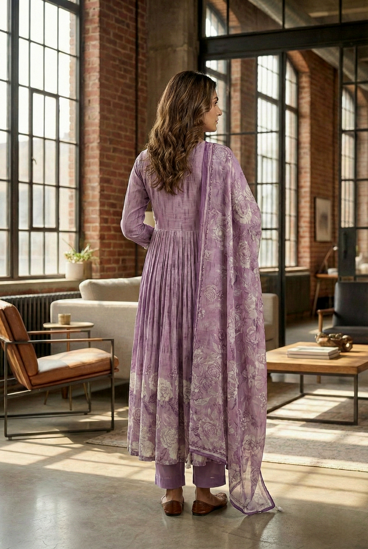 Neerus Purple rayon hand embroidered suit set - back view