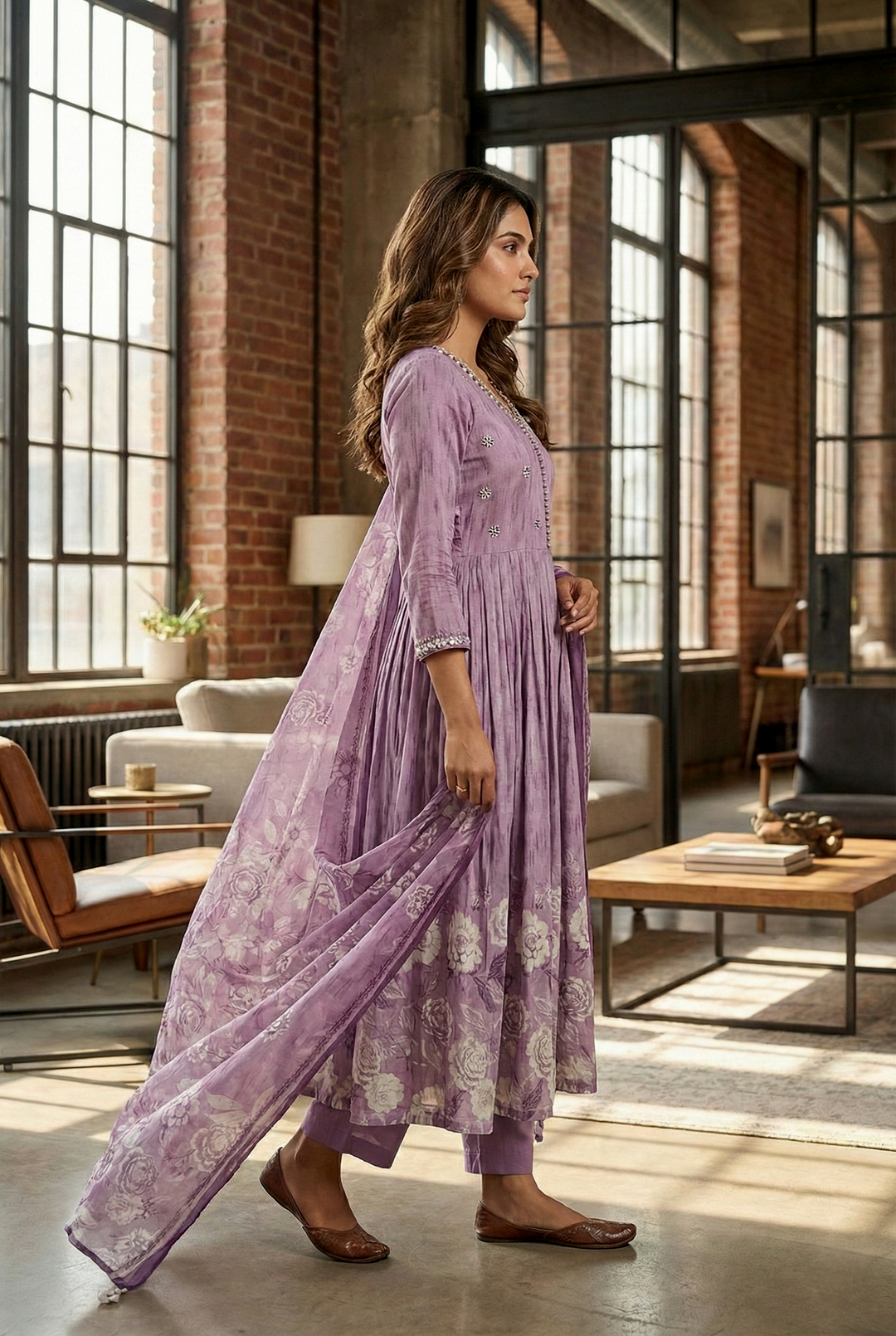 Neerus Purple rayon hand embroidered suit set - side view