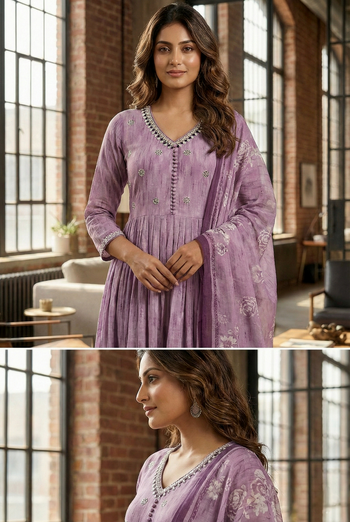 Neerus Purple rayon hand embroidered suit set - detail view 2