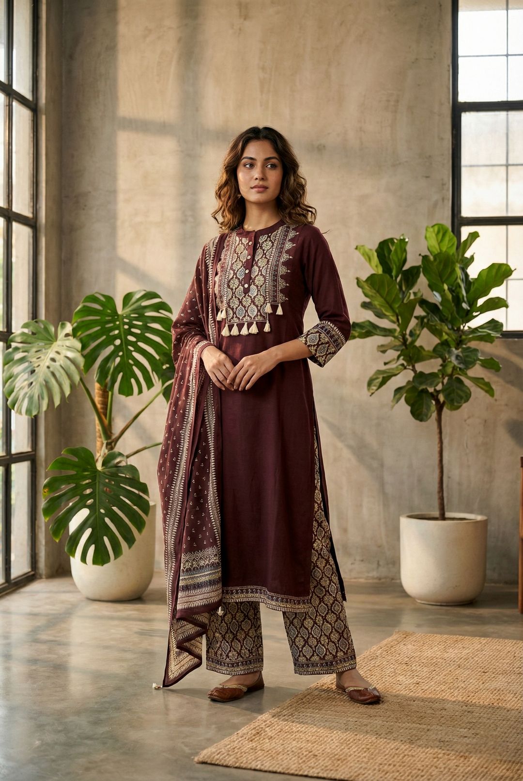 Neerus Brown cotton straight suit set - front view