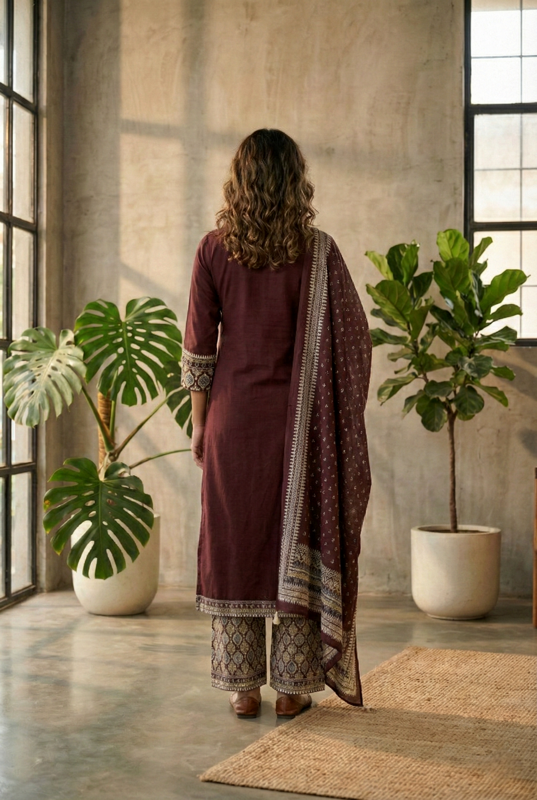 Neerus Brown cotton straight suit set - back view