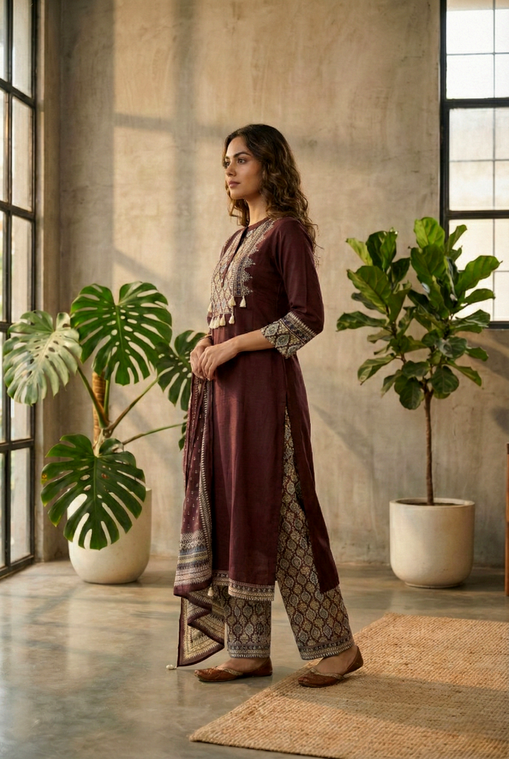 Neerus Brown cotton straight suit set - side view