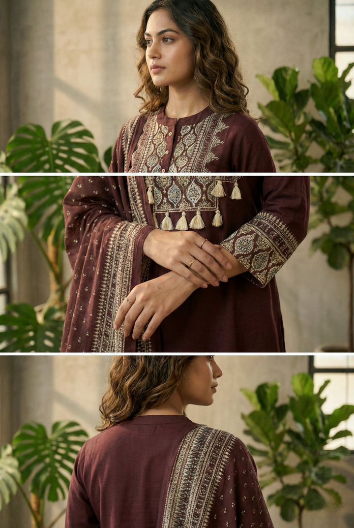 Neerus Brown cotton straight suit set - detail view 1