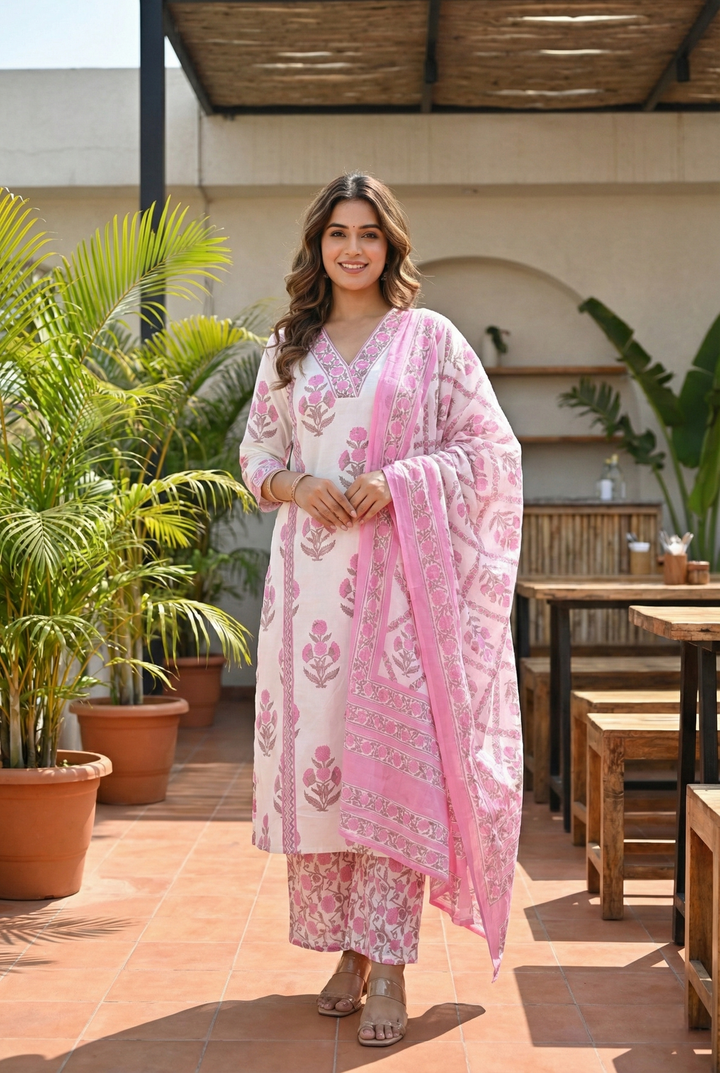Neerus Pink cotton printed suit set - front view