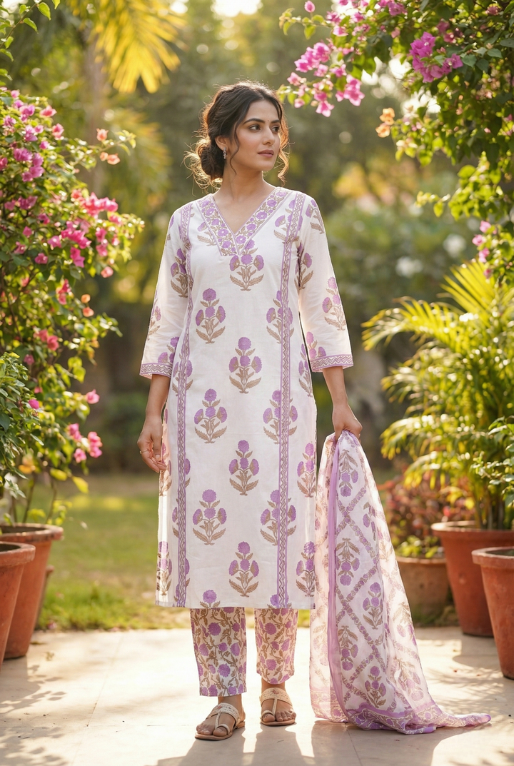 Neerus Purple cotton printed suit set - front view