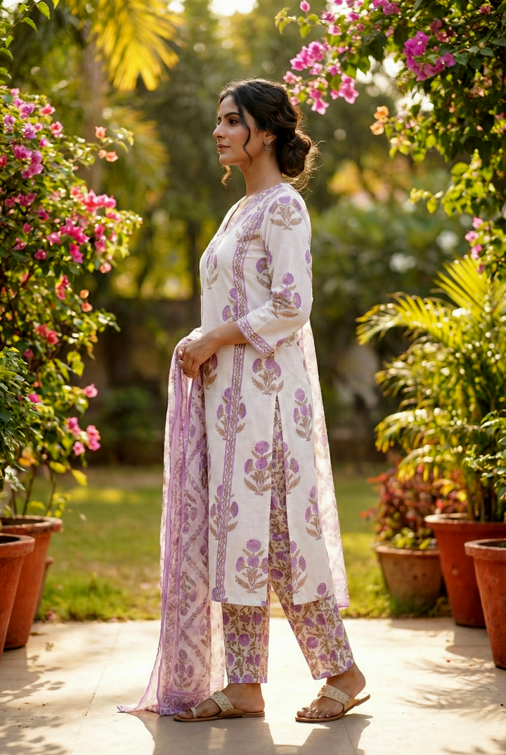 Neerus Purple cotton printed suit set - back view