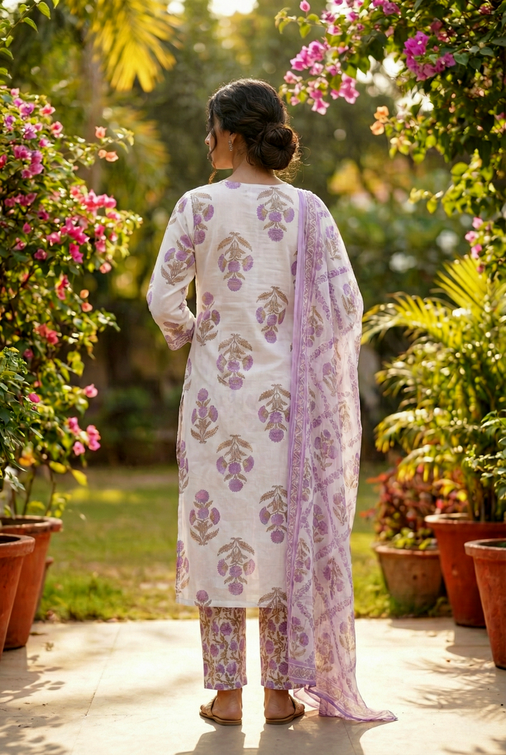 Neerus Purple cotton printed suit set - side view