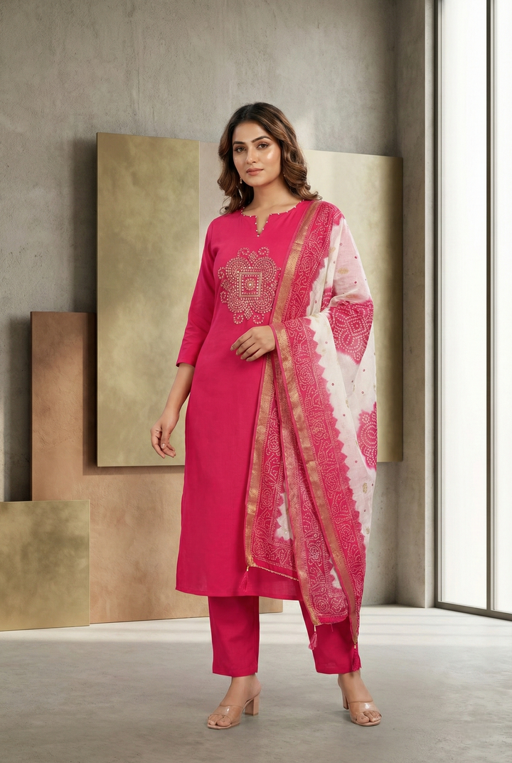 Neerus Pink muslin hand embroidered suit set - front view