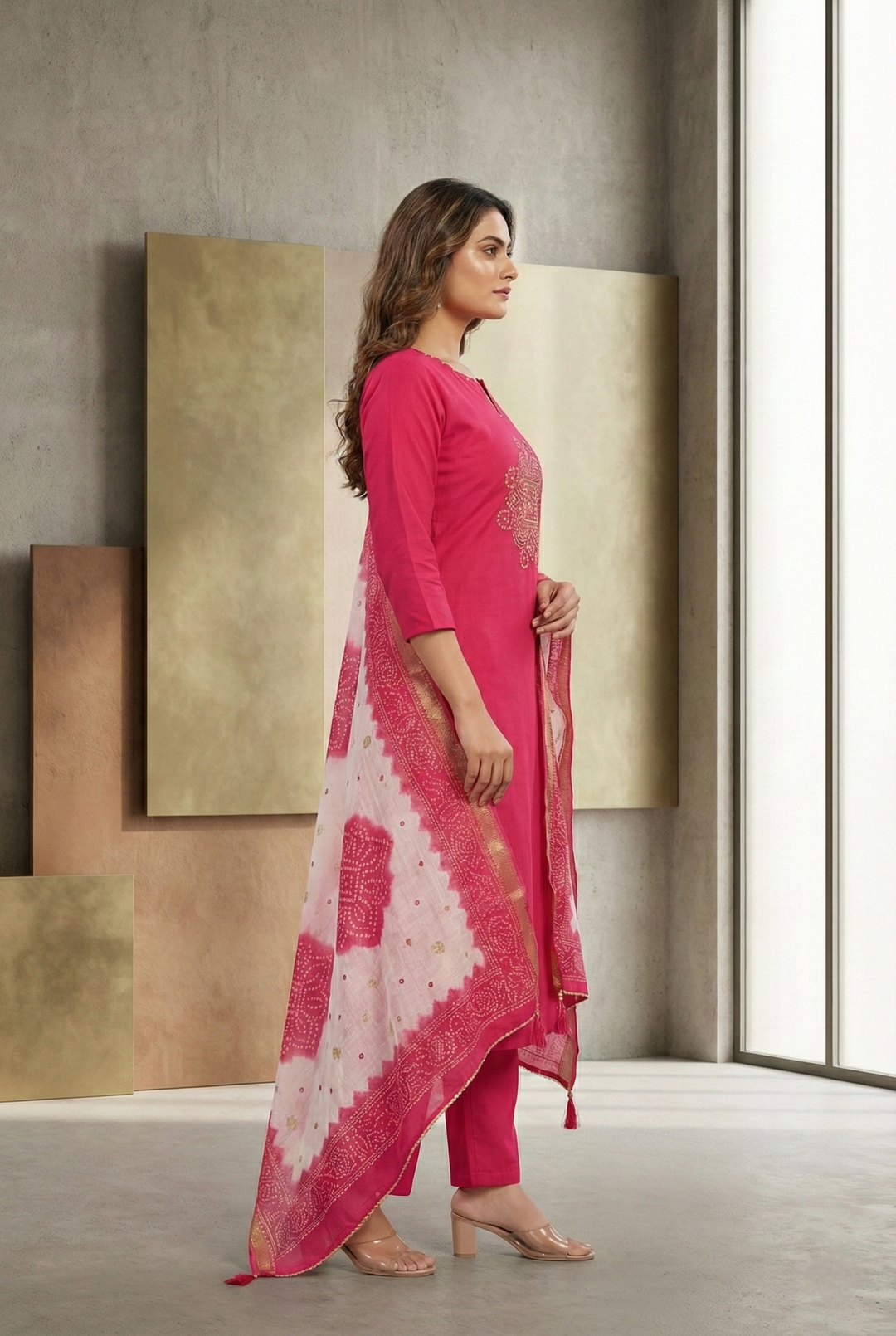 Neerus Pink muslin hand embroidered suit set - back view