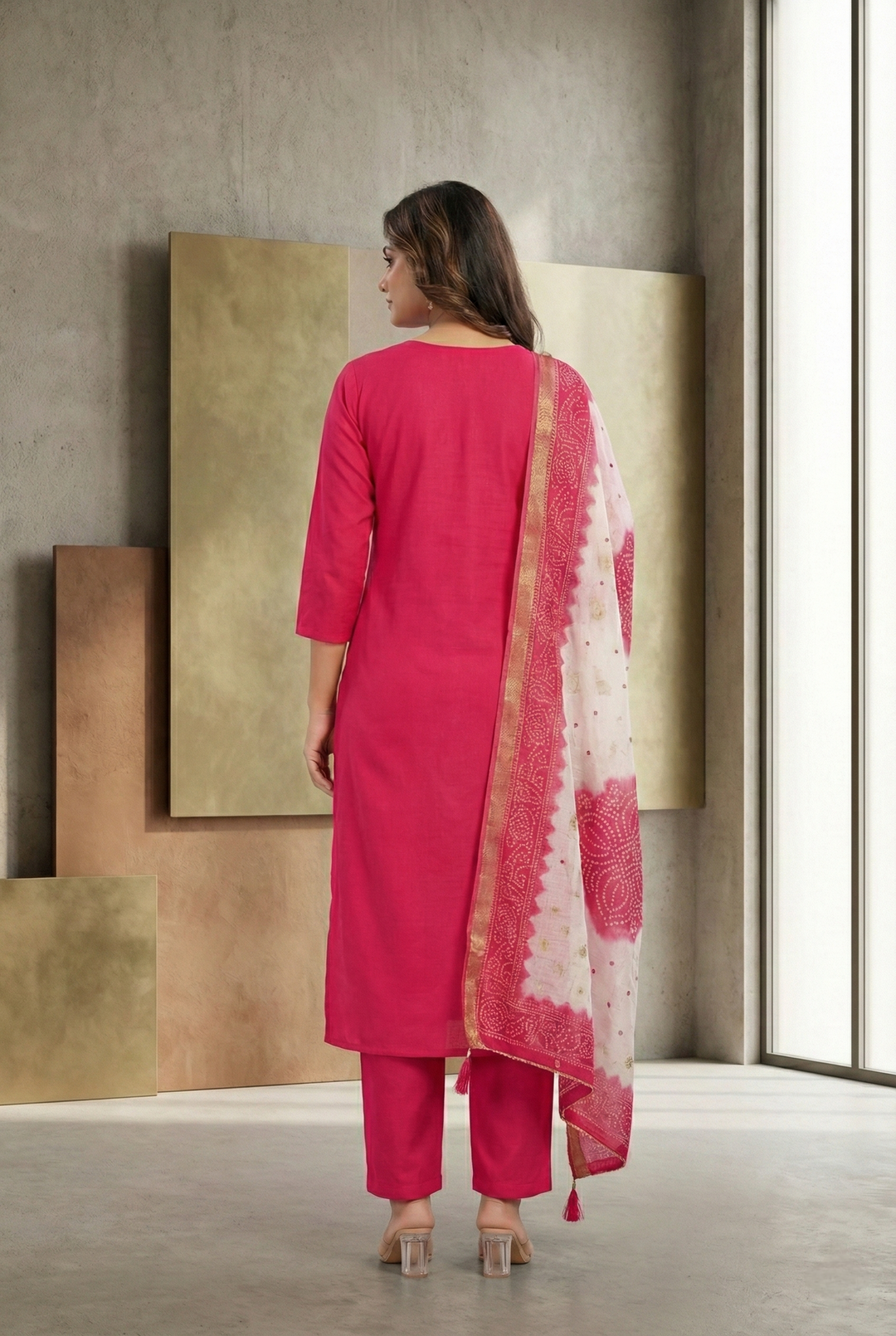 Neerus Pink muslin hand embroidered suit set - side view