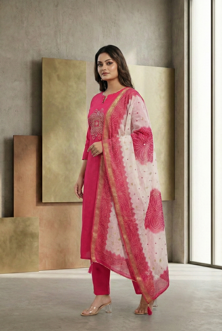 Neerus Pink muslin hand embroidered suit set - detail view 1