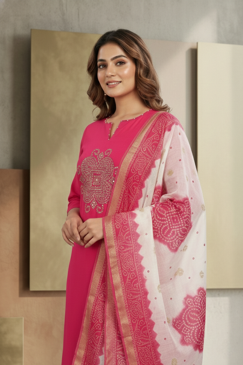 Neerus Pink muslin hand embroidered suit set - detail view 2