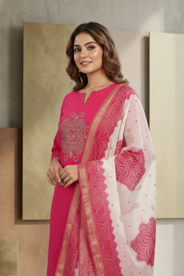 Neerus Pink muslin hand embroidered suit set - detail view 2