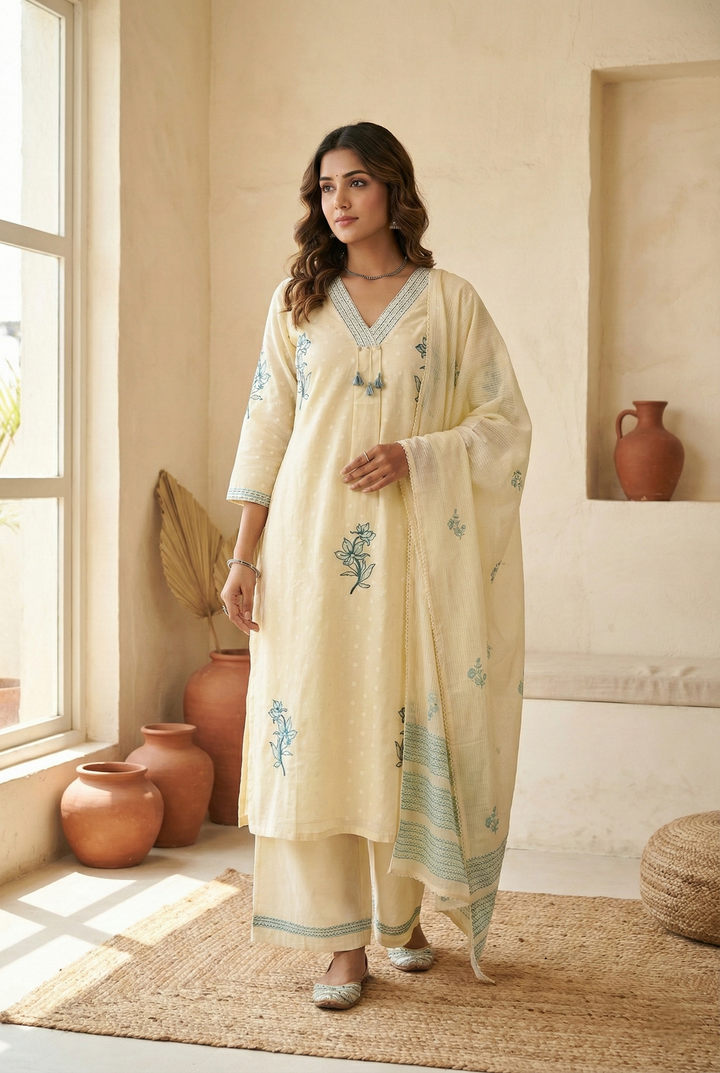 Neerus White cotton hand embroidered suit set - front view