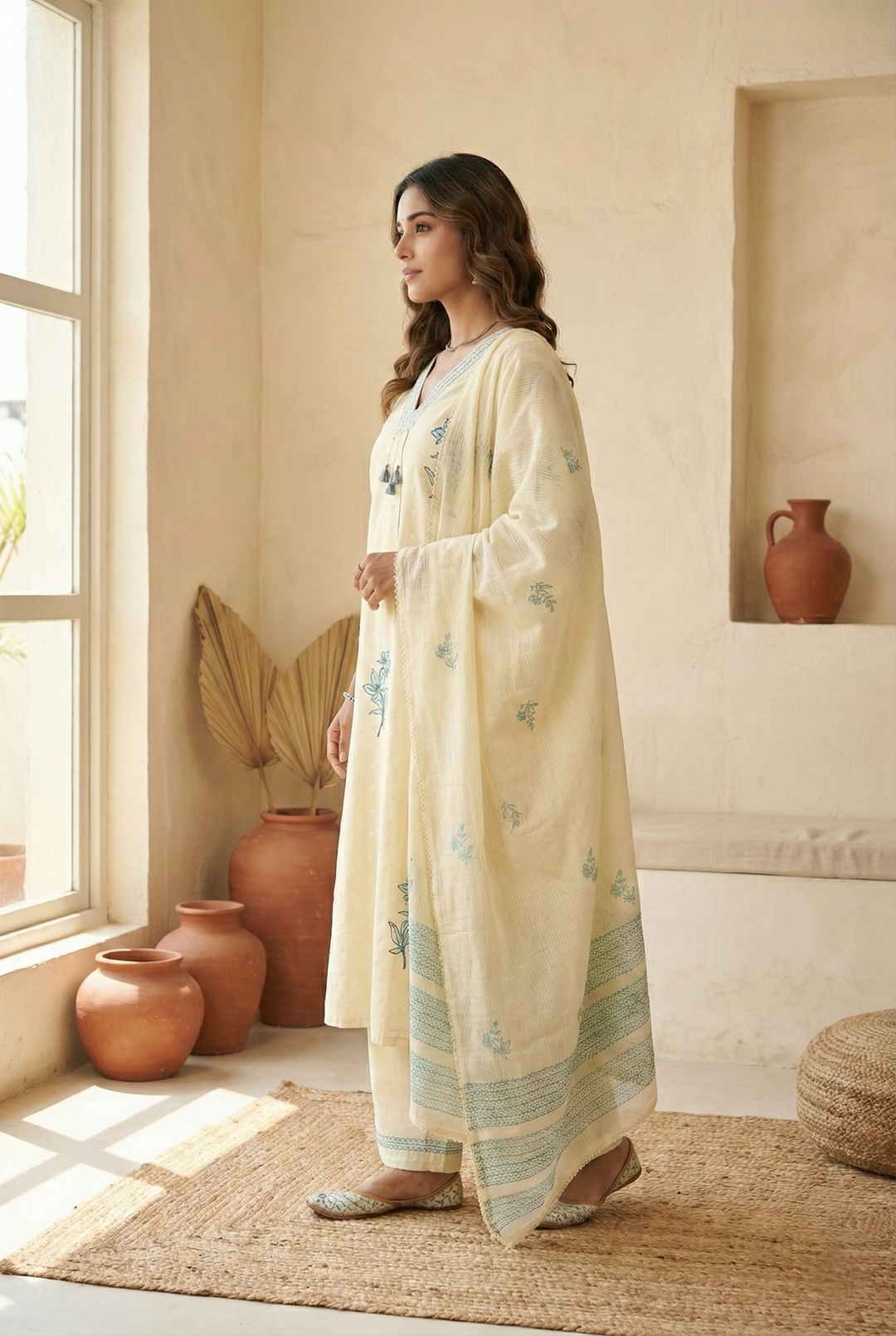 Neerus White cotton hand embroidered suit set - back view