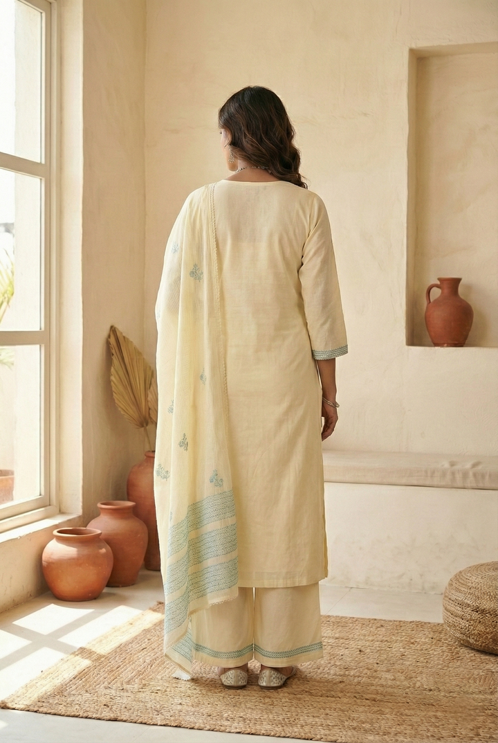 Neerus White cotton hand embroidered suit set - side view