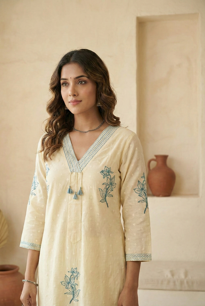 Neerus White cotton hand embroidered suit set - detail view 1