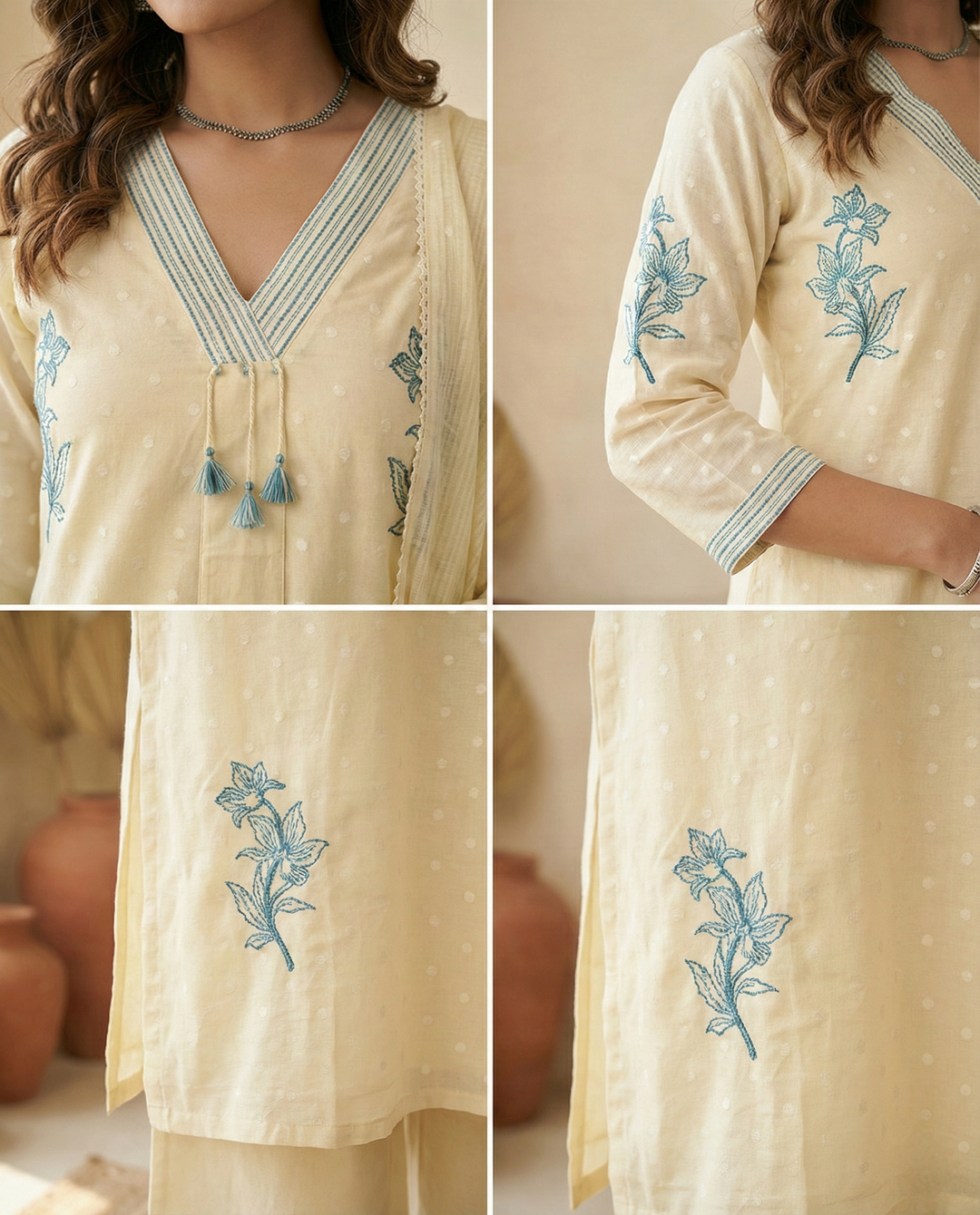 Neerus White cotton hand embroidered suit set - detail view 2