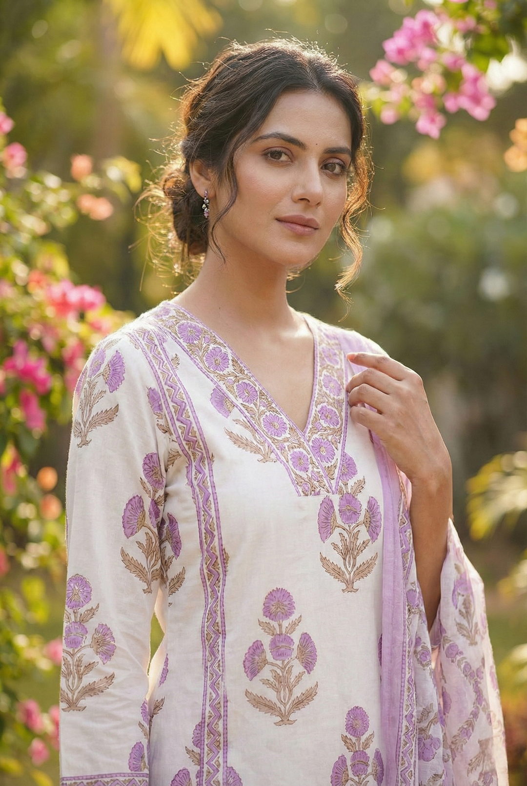Neerus Purple cotton printed suit set - detail view 1