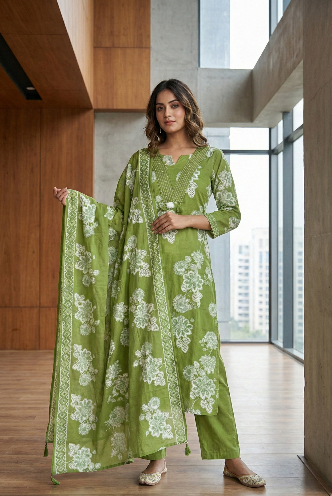 Neerus Green cotton thread embroidered suit set - front view