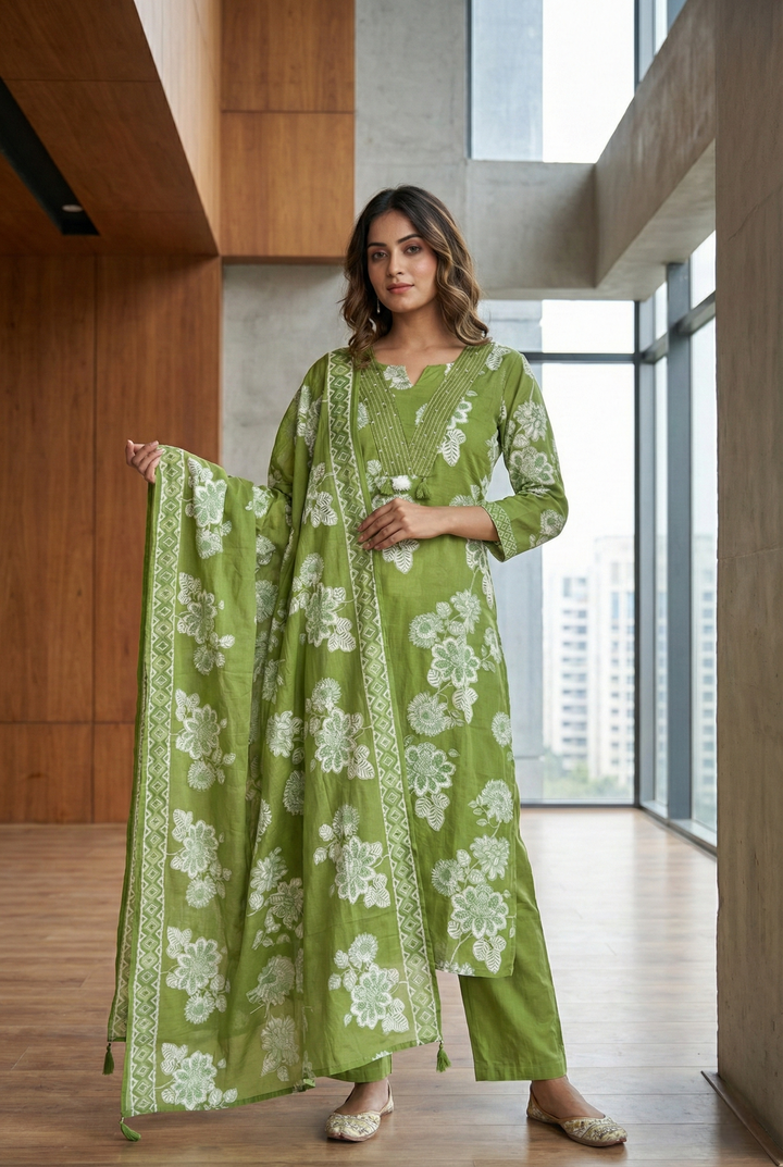 Neerus Green cotton thread embroidered suit set - front view