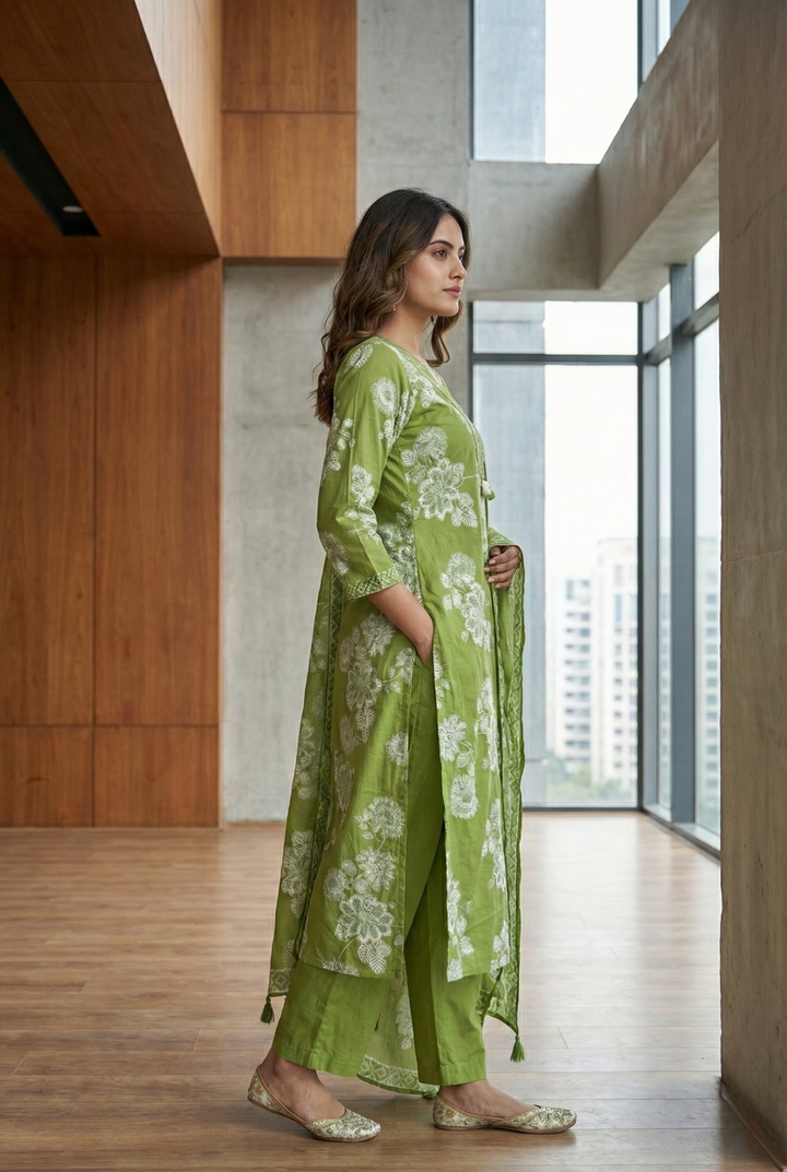 Neerus Green cotton thread embroidered suit set - back view