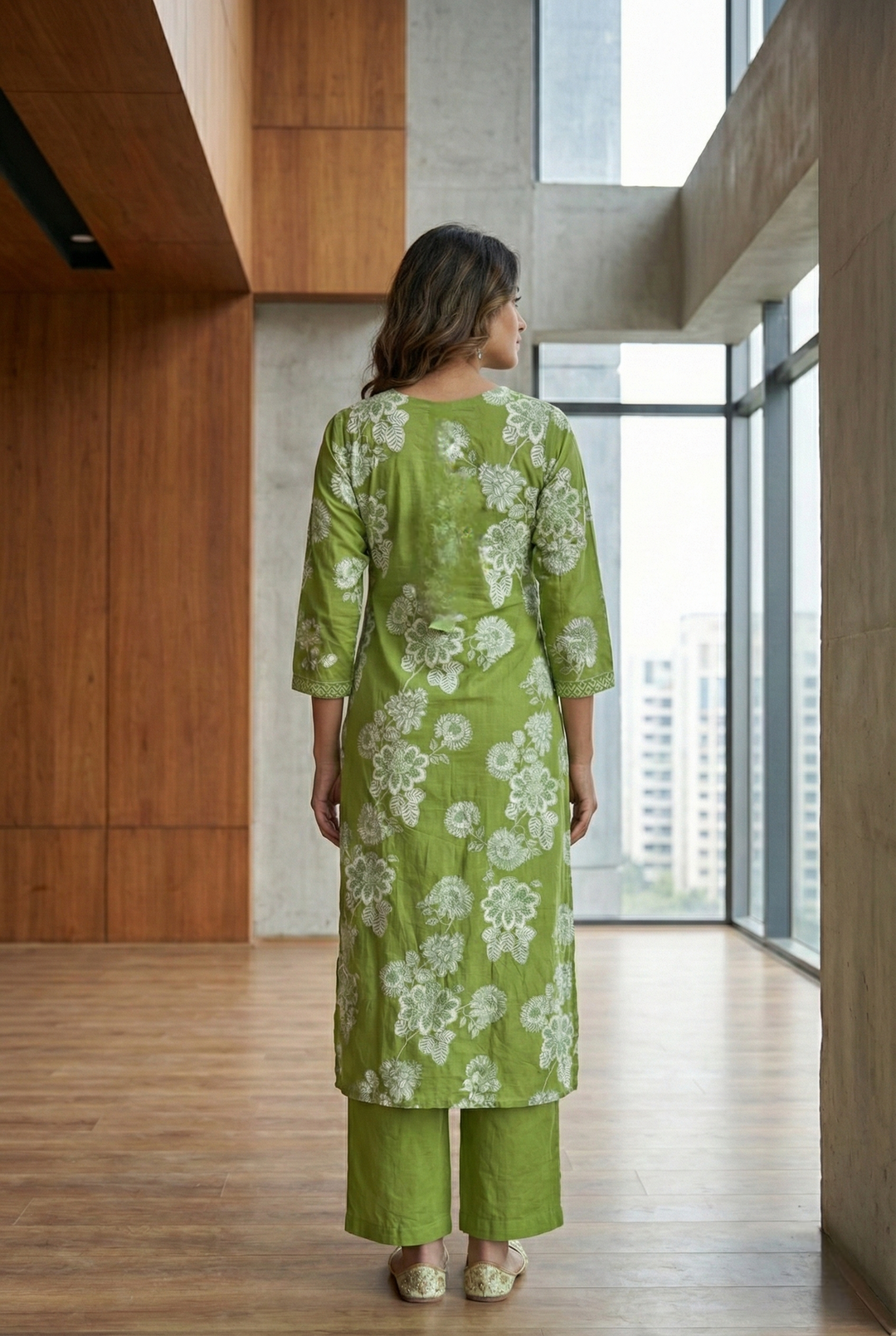Neerus Green cotton thread embroidered suit set - side view