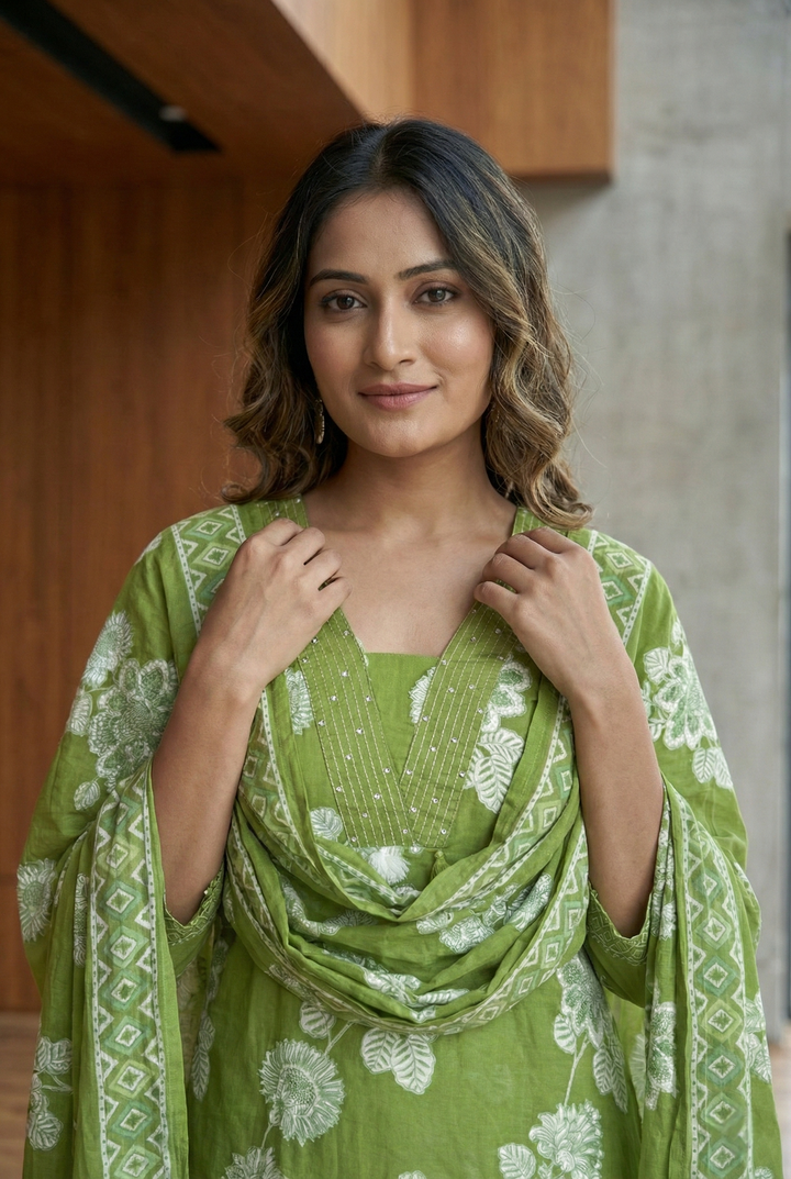 Neerus Green cotton thread embroidered suit set - detail view 1