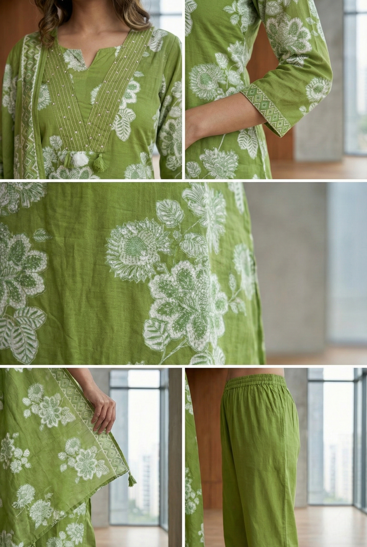 Neerus Green cotton thread embroidered suit set - detail view 2