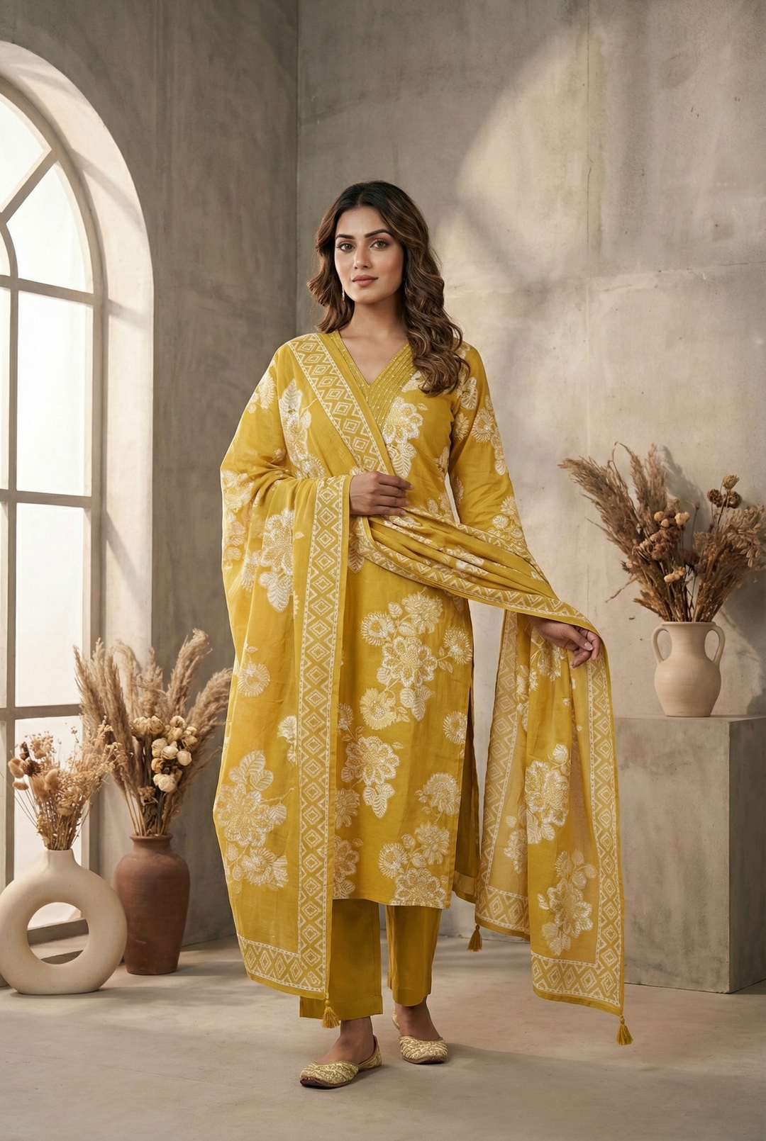 Neerus Yellow cotton thread embroidered suit set - front view
