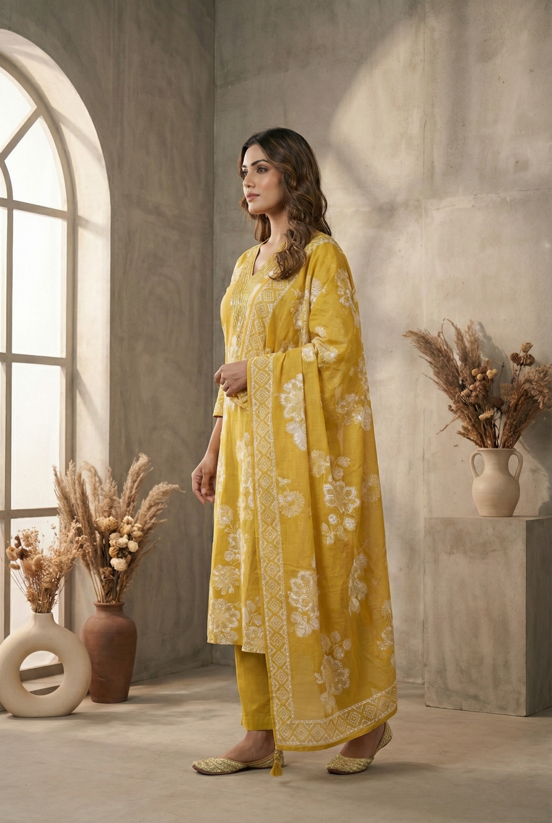 Neerus Yellow cotton thread embroidered suit set - back view